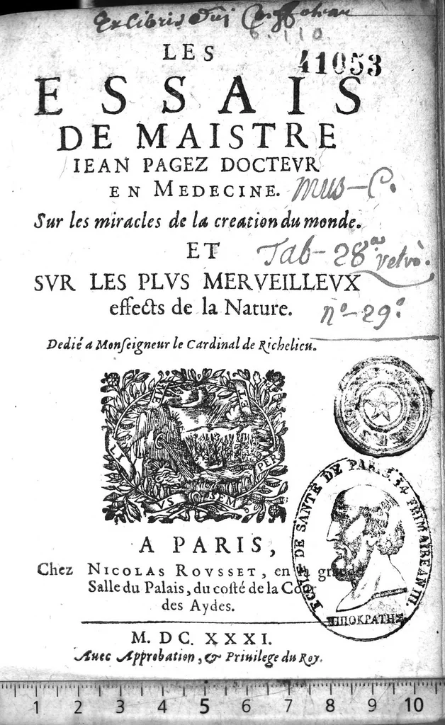 An illustration from Les essais de maistre Jean Pagez...sur les miracles de la création du monde et sur les plus merveilleux effects de la nature, 1631, leaf 0