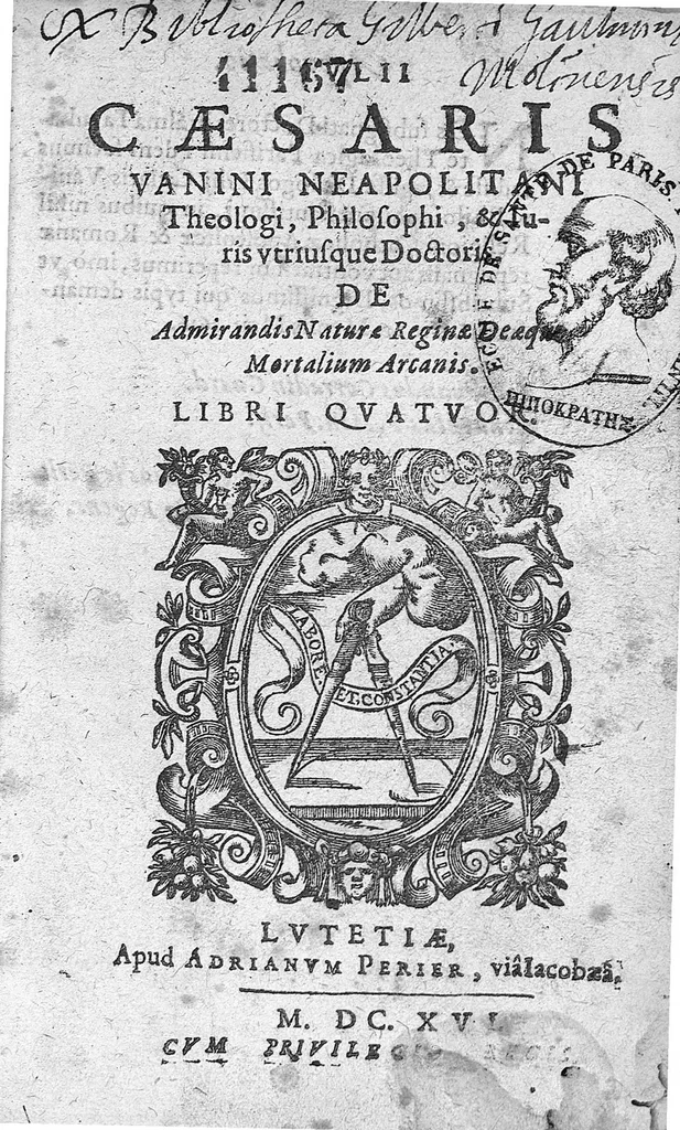 An illustration from Caesaris Vanini Neapolitani theologi, ..., de Admirandis Nature Reginae Deaque Mortalium Arcanis, 1616, leaf 0