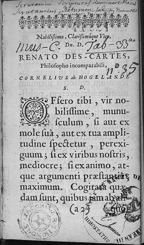 An illustration from Cogitationes quibus Dei existentia, item animae spiritalitas, et possibilis cum corpore unio, demonstrantur : nec non, brevis historia Oeconomiae corporis animalis, proponitur atque mechanice explicatur, 1646, leaf 5