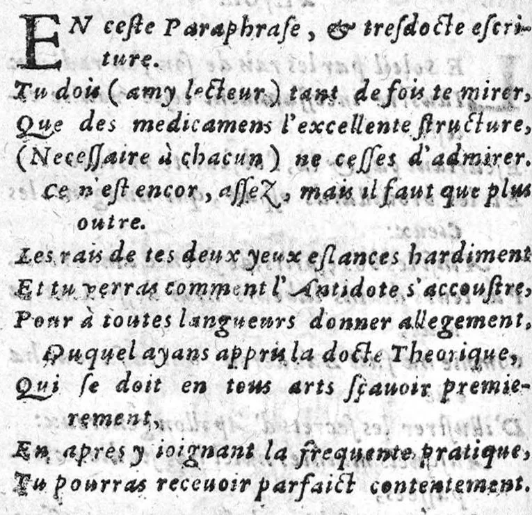 An illustration from Paraphrase sur la pharmacopee. Divisee en deux livres, par M. Brice Bauderon, Docteur en Medecine, de Parey en Charoloys, à present demeurant à Mascon. L’argument mis apres l’Epistre declare tout le contenu. Avec une Table des matieres y traictees. Edition seconde, Reveuë, corrigee et augmentee par l’autheur mesme, 1596, leaf 19