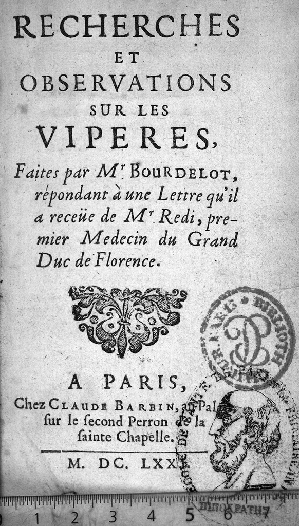 An illustration from Recherches et observations sur les vipères, 1671, leaf 0