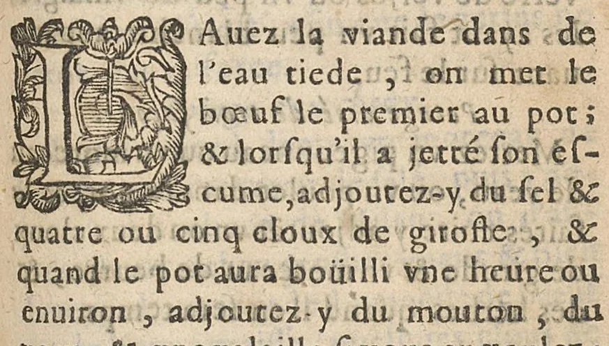An illustration from Le cuisinier méthodique où est enseigné la manière d'aprester toute sorte de Viandes, Poissons, Legumes, Gelées; Cresmes, Salades, & autres Curiositez, 1660, leaf 2