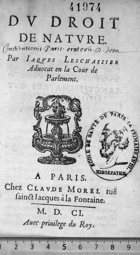 An illustration from Du droit de nature, 1601, leaf 0