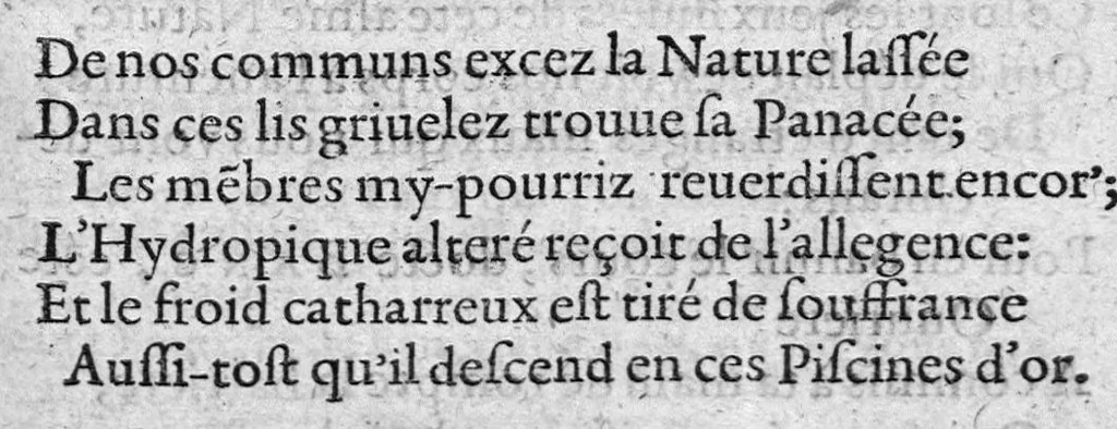 An illustration from La memoire renouvellee des merveilles des eaux naturelles en faveur de nos nymphes françoises & des malades qui ont recours à leurs emplois salutaires, 1605, leaf 10