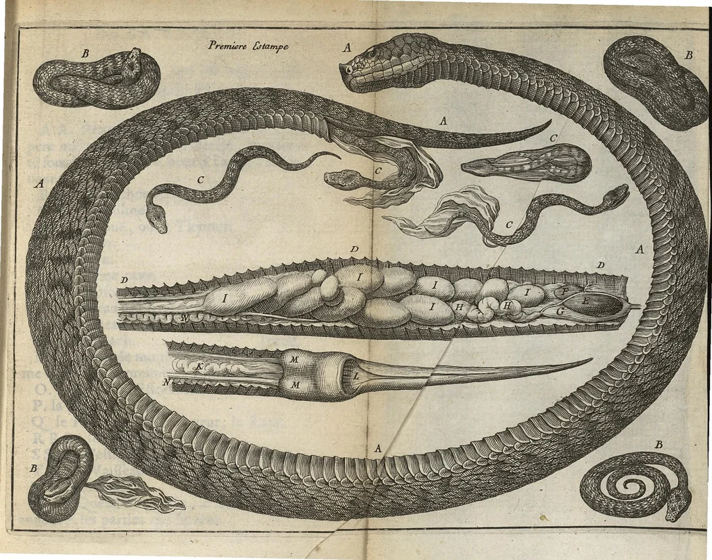 An illustration from Nouvelles expériences sur la vipere, ou l'on verra une description exacte de toutes ses parties, la source de son venin, ses divers effets, & les remedes exquis que les artistes peuvent tirer cu corps de cet animal..., 1672, leaf 78