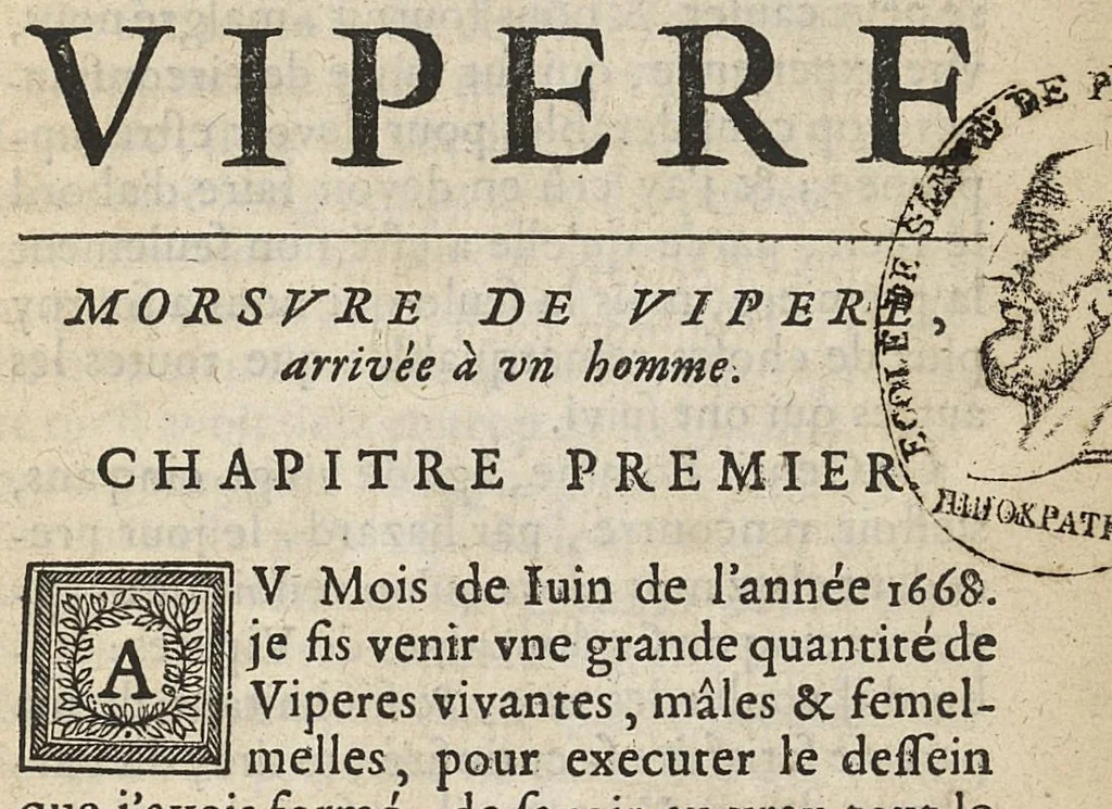 An illustration from Nouvelles expériences sur la vipere, ou l'on verra une description exacte de toutes ses parties, la source de son venin, ses divers effets, & les remedes exquis que les artistes peuvent tirer cu corps de cet animal..., 1672, leaf 88