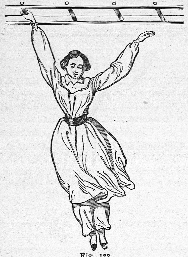 An illustration from Gymnastique des demoiselles à l'usage des Écoles normales, des lycées et collèges de jeunes filles, des pensions et des écoles. Ouvrage indispensable aux aspirantes aux brevets de capacité. Cinquième édition ornée de 140 figures et de 7 planches, 1660, leaf 237