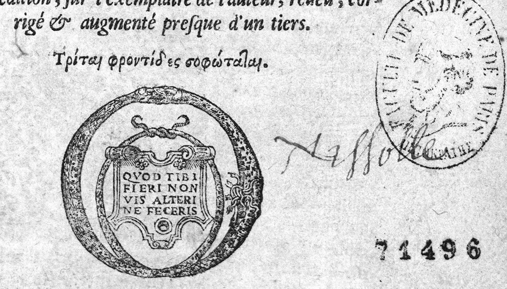 An illustration from Traitté des arcbusades, divisé en trois parties, avec plusieurs autres traittés concernans ceste matiere, desquels le catalogue est en la 16. page suyvante. Par M. Laurens Joubert, Medecin ordinaire du Roy, et du Roy de Navarre, premier Docteur regent, Chancelier et Juge de l’Université en medecine de Montpellier. Tierce edition, sur l’exemplaire de l’auteur, reveu, corrigé et augmenté presque d’un tiers, 1581, leaf 0