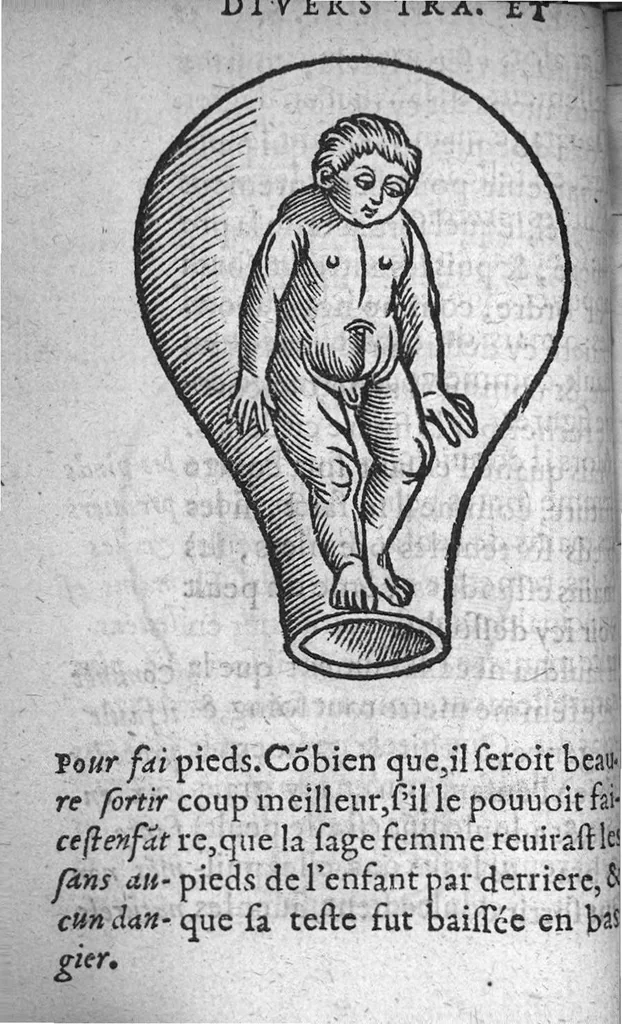 An illustration from Des divers travaulx et enfantemens des femmes. Et par quel moyen lon doibt survenir aux accidens qui peuvent eschoir devant et apres iceux travaulx, devisé en deux petiz livres. Premierement composez en Latin, par maistre Euchaire Rodion, Docteur en Medecine, et depuis tournez en nostre langue Françoyse, et augmentez de Annotations, par M. Paul Bienassis de Poictiers, à l’utilité de plusieurs personnes. Avec Indice des choses memorables contenues en ce present livre, mises par chapitres en la fin d’icelluy, 1563, leaf 61