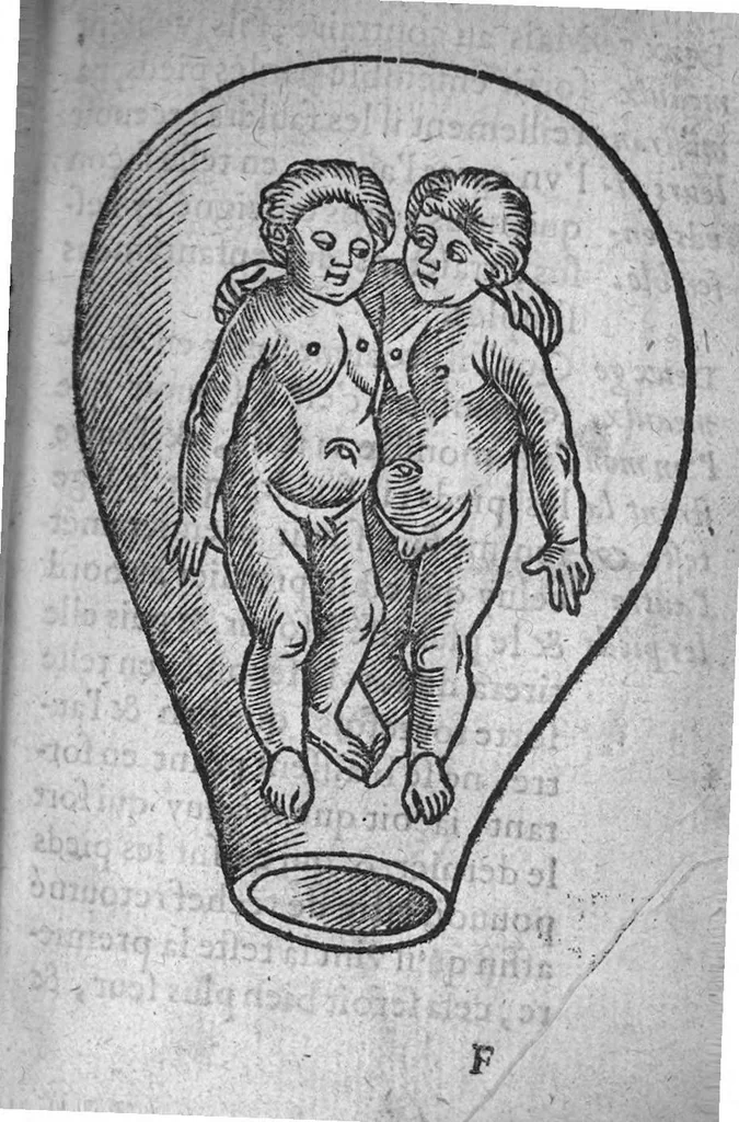 An illustration from Des divers travaulx et enfantemens des femmes. Et par quel moyen lon doibt survenir aux accidens qui peuvent eschoir devant et apres iceux travaulx, devisé en deux petiz livres. Premierement composez en Latin, par maistre Euchaire Rodion, Docteur en Medecine, et depuis tournez en nostre langue Françoyse, et augmentez de Annotations, par M. Paul Bienassis de Poictiers, à l’utilité de plusieurs personnes. Avec Indice des choses memorables contenues en ce present livre, mises par chapitres en la fin d’icelluy, 1563, leaf 80