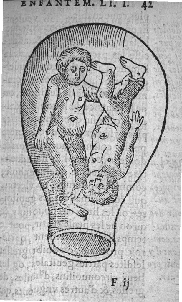 An illustration from Des divers travaulx et enfantemens des femmes. Et par quel moyen lon doibt survenir aux accidens qui peuvent eschoir devant et apres iceux travaulx, devisé en deux petiz livres. Premierement composez en Latin, par maistre Euchaire Rodion, Docteur en Medecine, et depuis tournez en nostre langue Françoyse, et augmentez de Annotations, par M. Paul Bienassis de Poictiers, à l’utilité de plusieurs personnes. Avec Indice des choses memorables contenues en ce present livre, mises par chapitres en la fin d’icelluy, 1563, leaf 82