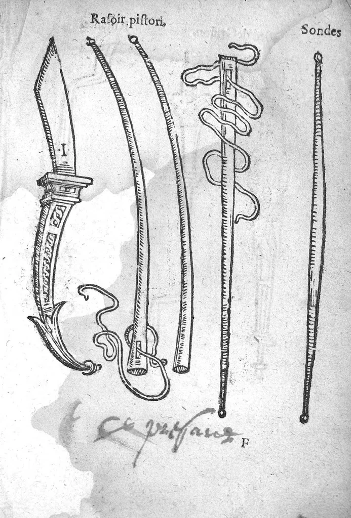 An illustration from Officinne et jardin de chirurgie militaire contenant les instrumentz et plantes tres necessaires a tous Chi[r]urgiens...avec certains cathalogues des ingrediens propres à chacun membre tant similaires qu’organiques. Dedié à haut et puissant seigneur M. François Gouffier, sieur de Crevecoeur Chevalier des deux ordres du Roy. Plus un traicté des contrepoisons et cure de la Peste et declaration d’un Enigme le tout experimenté et mis en lumiere pour l’utilité du public. Par Esaïe le Lievre Chirurgien,, 1583, leaf 80