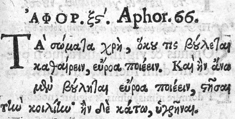 An illustration from Hippocratous tou megalou hoi aphorismoi pezikoi te kai emmetroi / Hippocratis Magni Aphorismi Soluti et Metrici, Interprete Joanne Heurnio, Medico Ultrajectino, Mataphrastis Joanne Frero, Medico-poëta et Radulpho Wintertono, Medicinae et Poeseös Graecae studioso, 1633, leaf 301