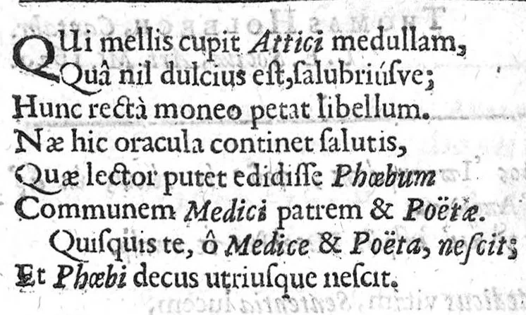 An illustration from Hippocratous tou megalou hoi aphorismoi pezikoi te kai emmetroi / Hippocratis Magni Aphorismi Soluti et Metrici, Interprete Joanne Heurnio, Medico Ultrajectino, Mataphrastis Joanne Frero, Medico-poëta et Radulpho Wintertono, Medicinae et Poeseös Graecae studioso, 1633, leaf 334