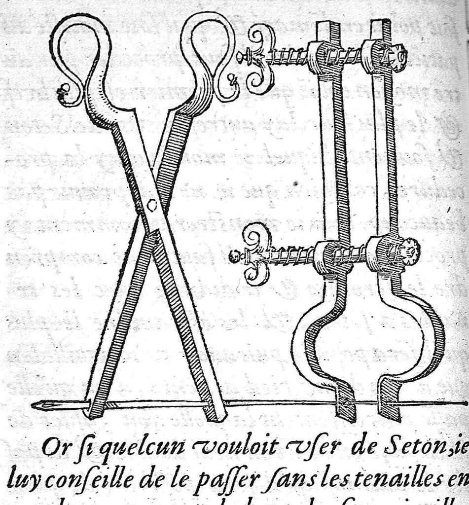 An illustration from Petit traite contenant une des parties principalles de Chirurgie, laquelle les Chirurgiens hernieres exercent, ainsi quil est montre en la page suivante. Fait par Pierre Franco chirurgien de Lausane. Il faut endurer pour durer, 1556, leaf 59