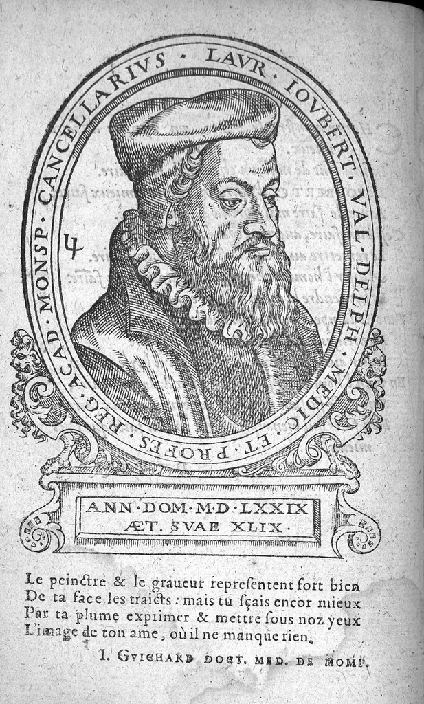 An illustration from Erreurs populaires et propos vulgaires, touchant la medecine et le regime de santé. Expliquez et refutez par M. Laur. Joubert, Conselher et Medecin ordinaire du Roy, et du Roy de Navarre, premier docteur regeant stipandié, Chancelher et juge de l’université an Medecine de Montpelier. Cette-cy est de toutte l’œuvre, la premiere partie, contenant cinq livres, avec l’indice des matieres, qui seront traitez ez autres. Reveuë corrigée et augmentée presque de la moitié, et dediée au tres-renommé seigneur de Pibrac Chancelher de la tres-illustre Royne de Navarre, [suivie de] : Seconde partie des erreurs populaires, et propos vulgaires, touchant la Medecine et le regime de santé, refutés ou expliqués par M. Laur. Joubert, Conseilher et Medecin ordinaire du Roy, et du Roy de Navarre, premier docteur regeant, Chancelier et Juge de l’Université an Medecine de Mompellier. Avec deus catalogues de plusieurs autres erreurs ou propos vulgaires, qui n’ont été mancionnés an la premiere et seconde edition de la premiere partie. Item deus autres petis traités, concernant les Erreurs populaires, avec deus Paradoxes du maime auteur ; Plus l’Apologie de son orthographie, divisee an quatre Dialogues,, 1579, leaf 203