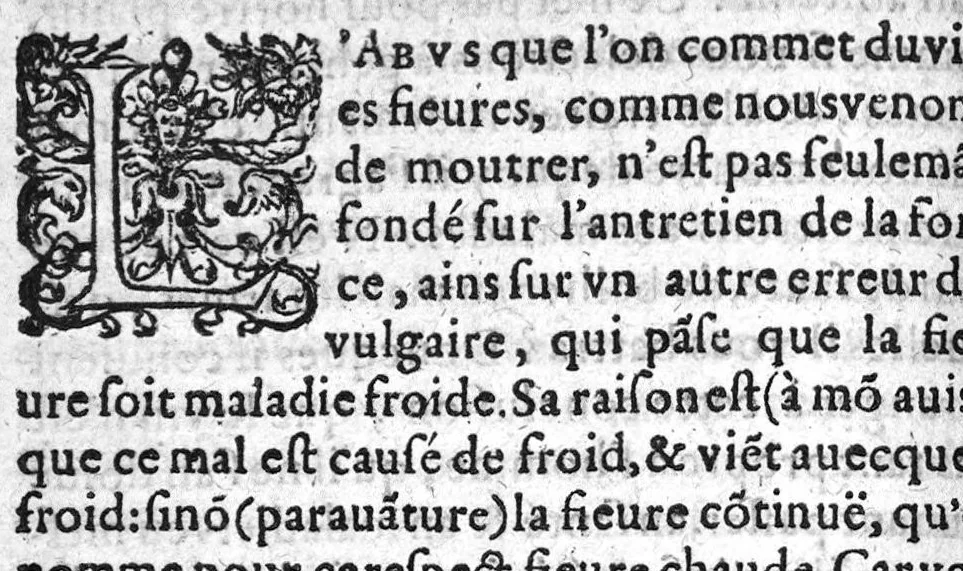 An illustration from Erreurs populaires et propos vulgaires, touchant la medecine et le regime de santé. Expliquez et refutez par M. Laur. Joubert, Conselher et Medecin ordinaire du Roy, et du Roy de Navarre, premier docteur regeant stipandié, Chancelher et juge de l’université an Medecine de Montpelier. Cette-cy est de toutte l’œuvre, la premiere partie, contenant cinq livres, avec l’indice des matieres, qui seront traitez ez autres. Reveuë corrigée et augmentée presque de la moitié, et dediée au tres-renommé seigneur de Pibrac Chancelher de la tres-illustre Royne de Navarre, [suivie de] : Seconde partie des erreurs populaires, et propos vulgaires, touchant la Medecine et le regime de santé, refutés ou expliqués par M. Laur. Joubert, Conseilher et Medecin ordinaire du Roy, et du Roy de Navarre, premier docteur regeant, Chancelier et Juge de l’Université an Medecine de Mompellier. Avec deus catalogues de plusieurs autres erreurs ou propos vulgaires, qui n’ont été mancionnés an la premiere et seconde edition de la premiere partie. Item deus autres petis traités, concernant les Erreurs populaires, avec deus Paradoxes du maime auteur ; Plus l’Apologie de son orthographie, divisee an quatre Dialogues,, 1579, leaf 215