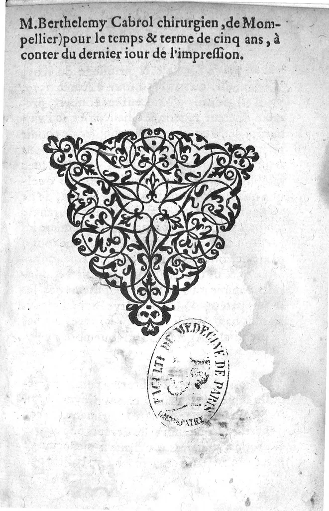 An illustration from Erreurs populaires et propos vulgaires, touchant la medecine et le regime de santé. Expliquez et refutez par M. Laur. Joubert, Conselher et Medecin ordinaire du Roy, et du Roy de Navarre, premier docteur regeant stipandié, Chancelher et juge de l’université an Medecine de Montpelier. Cette-cy est de toutte l’œuvre, la premiere partie, contenant cinq livres, avec l’indice des matieres, qui seront traitez ez autres. Reveuë corrigée et augmentée presque de la moitié, et dediée au tres-renommé seigneur de Pibrac Chancelher de la tres-illustre Royne de Navarre, [suivie de] : Seconde partie des erreurs populaires, et propos vulgaires, touchant la Medecine et le regime de santé, refutés ou expliqués par M. Laur. Joubert, Conseilher et Medecin ordinaire du Roy, et du Roy de Navarre, premier docteur regeant, Chancelier et Juge de l’Université an Medecine de Mompellier. Avec deus catalogues de plusieurs autres erreurs ou propos vulgaires, qui n’ont été mancionnés an la premiere et seconde edition de la premiere partie. Item deus autres petis traités, concernant les Erreurs populaires, avec deus Paradoxes du maime auteur ; Plus l’Apologie de son orthographie, divisee an quatre Dialogues,, 1579, leaf 430