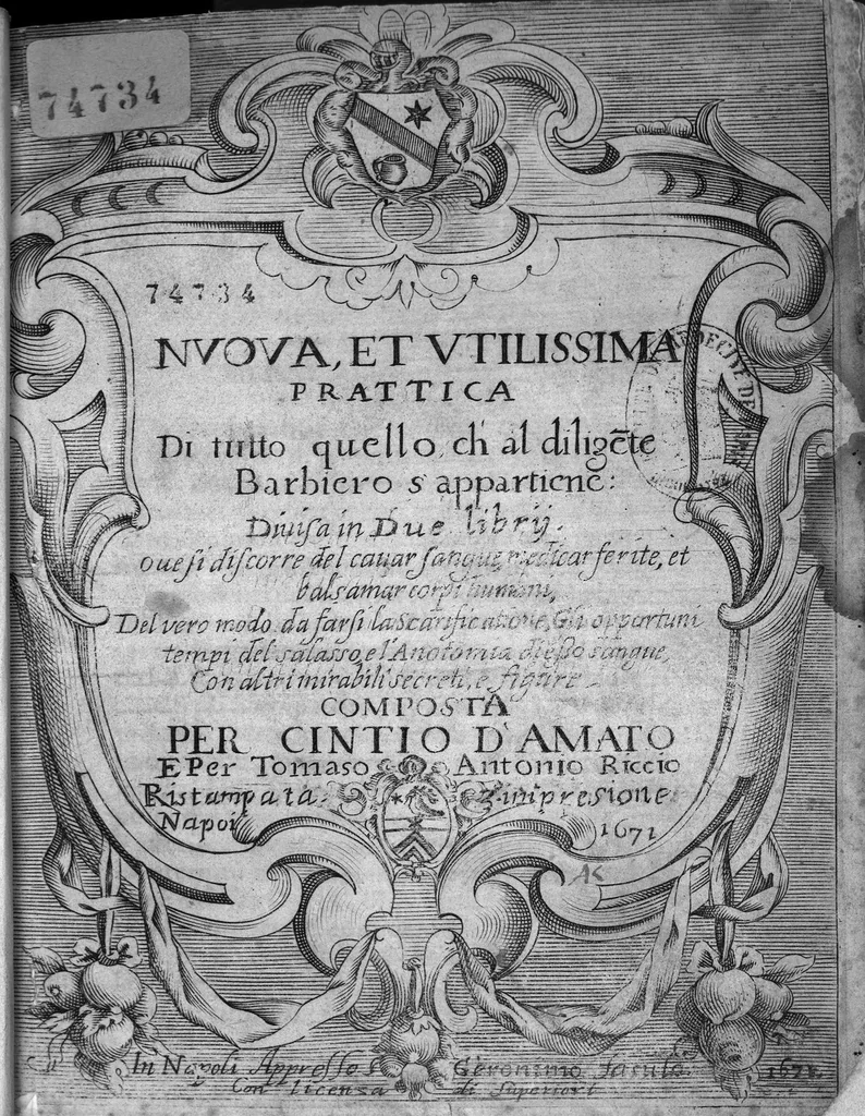 An illustration from Prattica nuova, et utilissima di tutto quello, ch' al diligente barbiero s'appartiene... ove si discorre del cavar sangue, medicar, ferite, et balsamar corpi humani..., 1671, leaf 0