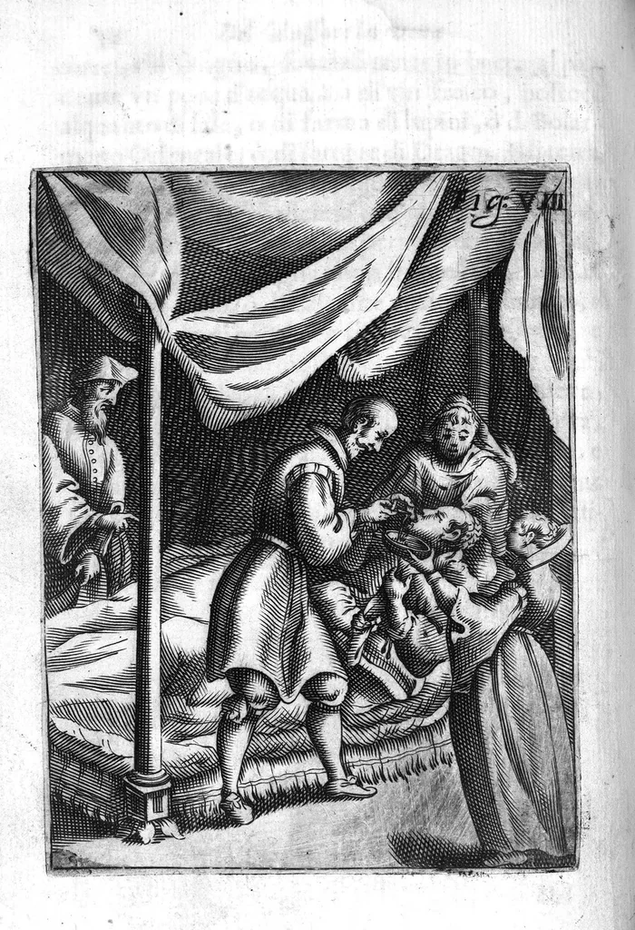 An illustration from Prattica nuova, et utilissima di tutto quello, ch' al diligente barbiero s'appartiene... ove si discorre del cavar sangue, medicar, ferite, et balsamar corpi humani..., 1671, leaf 83