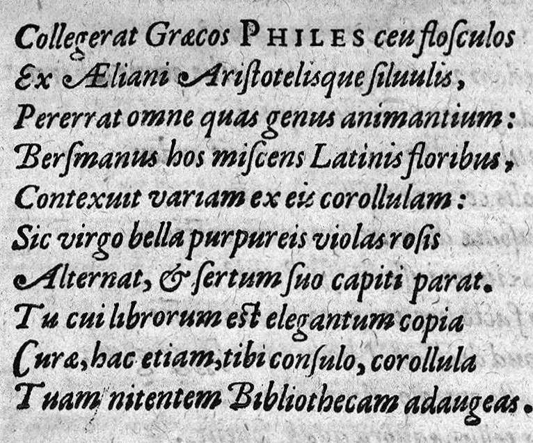An illustration from Tou sophôtatou Philê Stichoi iambikoi peri Zôôn idiotêtos meta prosthêkês Iôach. tou KamerariadouSapientissimi Phile Versus iambici De Animalium proprietate cum Auctario Ioach. Camerarii, 1596, leaf 34