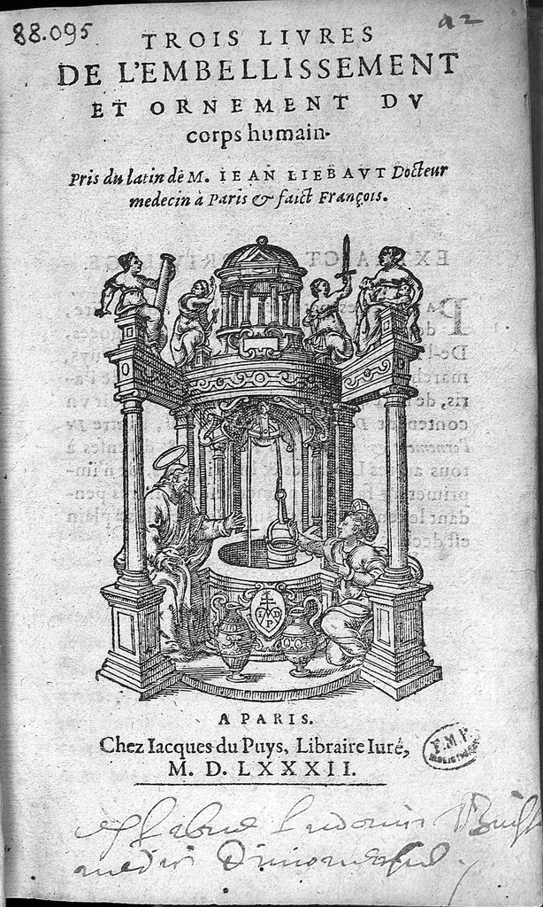 An illustration from Trois Livres de l'embellissement et ornement du corps humain, pris du latin de M. Jean Liebaut... et faict François, 1582, leaf 0