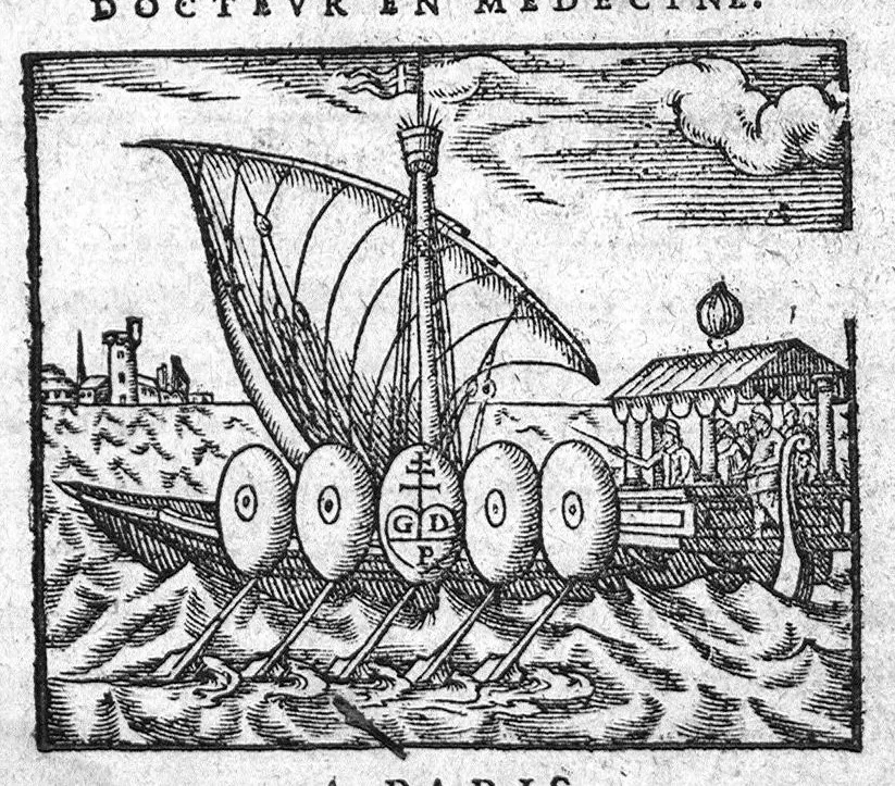 An illustration from Traicté de la goutte, contenant les causes et origine d’icelle, le moyen de s’en pouvoir preserver et la sçavoir guerir, estant acquise. Escrit en grec du commandement de Michel Paleologue Empereur de Constantinople. Par Demetrius Pepagomenus son premier medecin. Traduit en François, restitué et emendé de plusieurs belles Corrections et Annotations par M. Frederic Jamot. Docteur en medecine,, 1573, leaf 0
