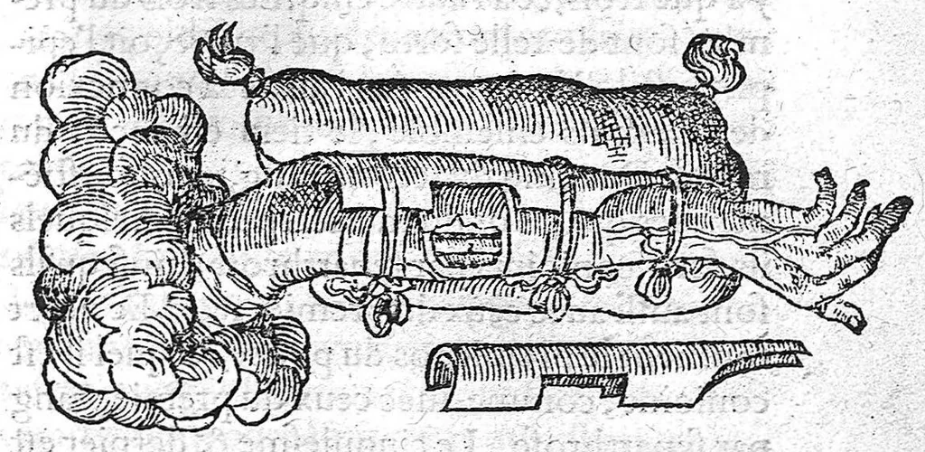 An illustration from Cinq livres de chirurgie. I. Des bandages 2. Des fractures. 3. Des luxations, avec une Apologie touchant les harquebousades. 4. Des morsures et piqueures venimeuses. 5. Des gouttes. Par Ambroise Paré, premier Chirurgien du Roy et juré à Paris,, 1572, leaf 98