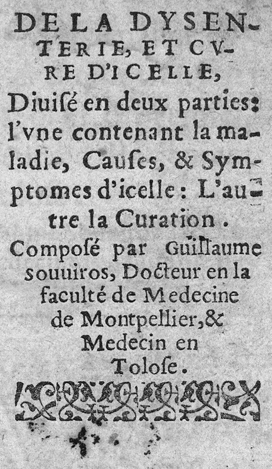 An illustration from Traicté de la dysenterie, et cure d’icelle, divisé en deux parties : l’une contenant la maladie, Causes, et Symptomes d’icelle : l’autre la Curation. Composé par Guillaume Souviros, Docteur en la faculté de Medecine de Montpellier, et Medecin en Tolose,, 1574, leaf 0