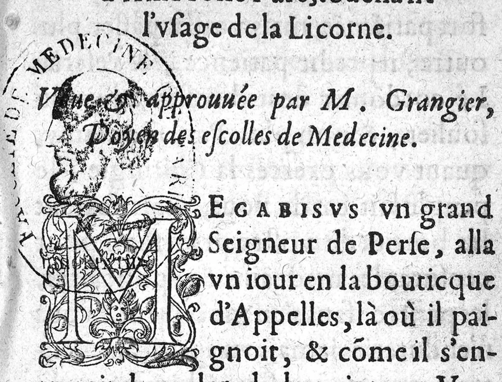 An illustration from Response au Discours d'Ambroise Paré, touchant l'usage de la licorne. Veue et approuvée par M. Grengier, Doyen des escolles de Medecine, 1583, leaf 2