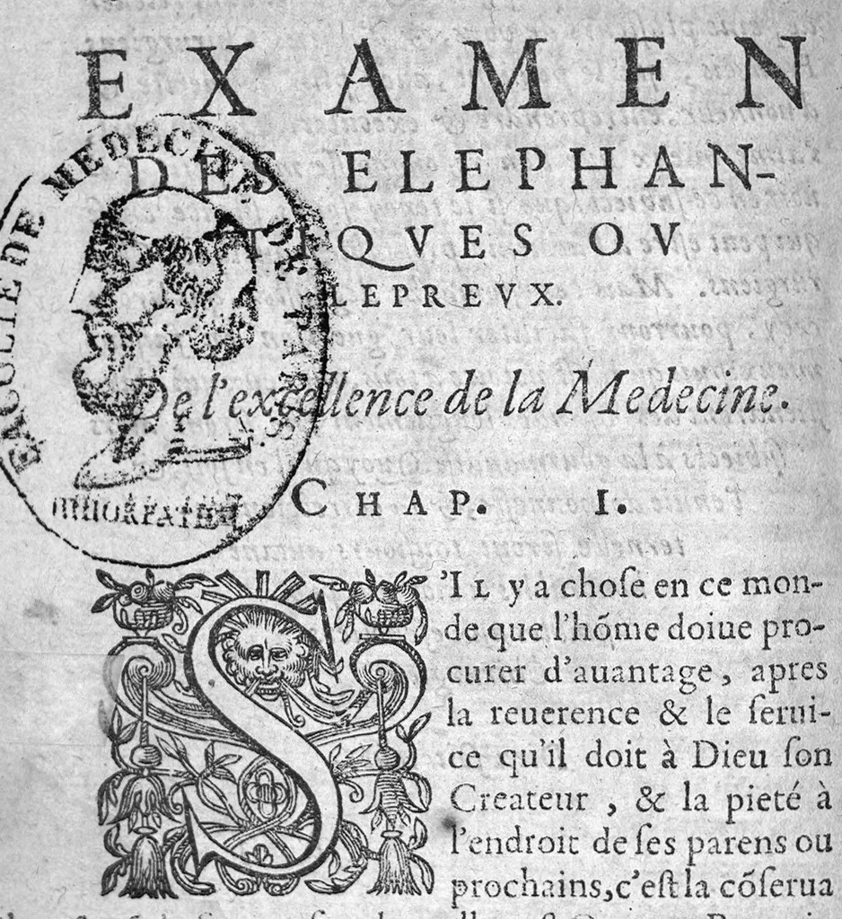 An illustration from Examen des elephantiques ou lepreux, recueilly de plusieurs bons et renommez Autheurs, Grecs, Latins, Arabes et François, par G. des Innocens, Chirurgien, natif et habitant de Tolose, 1595, leaf 5
