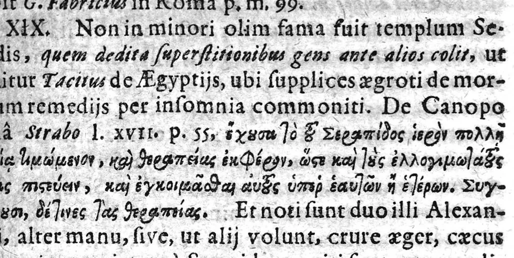 An illustration from Exercitatio philologico-medica. De incubatione in fanis deorum medicinae causa olim facta, quam deo auspice, praeside viro amplissimo clarissimoq[ue] Hermanno Conringio ... publico examini subjicit Henricus Meibomius..., 1659, leaf 18