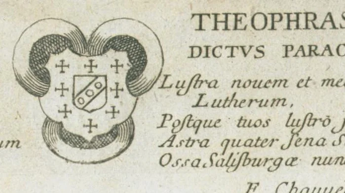 An illustration from Aur. Philip. Theoph. Paracelsi Bombast ab Hohenheim, medici et philosophi celeberrimi, chemicorúmque principis, opera omnia medico-chemico-chirurgica, tribus voluminibus comprehensa. Editio novissima et emendatissima, ad germanica & latina exemplaria accuratissimè collata : variis tractatibus & opusculis summâ hinc inde diligentiâ conquisitis, ut in voluminis primi præfatione indicatur, locupletata : indicibusque exactissimis instructa. Volumen primum, opera medica complectens., 1648, leaf 6