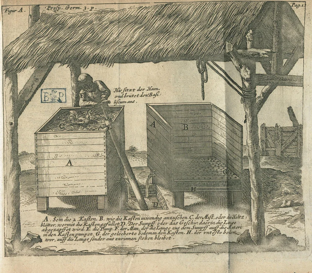 An illustration from Prosperitatis Germaniæ pars tertia, in quâ salpetræ ex variis ubiq; obviis subjectis facillimè atque copiosè extrahendi modus traditur ; ejusvè utilitates summæ declarantur cum explicatione succinctâ prophetiæ Paracelsi, quo pacto scilicer Leo septentrionalis monarchiam politicam instituturus ; ipse Paracelsus in sepulchto suo haud mansurus ; ingensque thesauri vis fe fit exhibitura. Qualis item ille Elias artista, quem Paracelsus aliique ultimis diebus venturum, plurimaque arcana patefacturum prædixerunt. In patriæ, totiusque humani generis, commodum, candelae ardentis instar, candelabro imposita, & germanico idiomate in lucem edita à Johanne Rudolpho Glaubero. Iàm primo latinitate donata., 1659, leaf 31