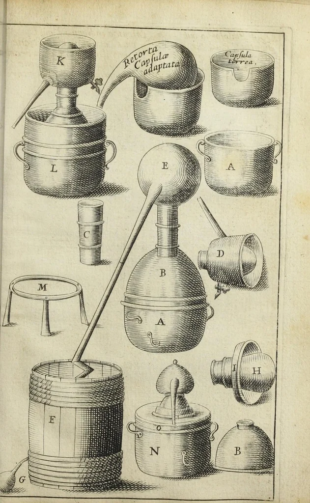 An illustration from Philosophia pyrotechnica. Wilielmi Davissoni, nobilis Scoti, doctoris medici. Seu Cursus chymiatricus, nobilissima illa & exoptatissima medicinæ parte pyrotechnica instructus…, 1640, leaf 591
