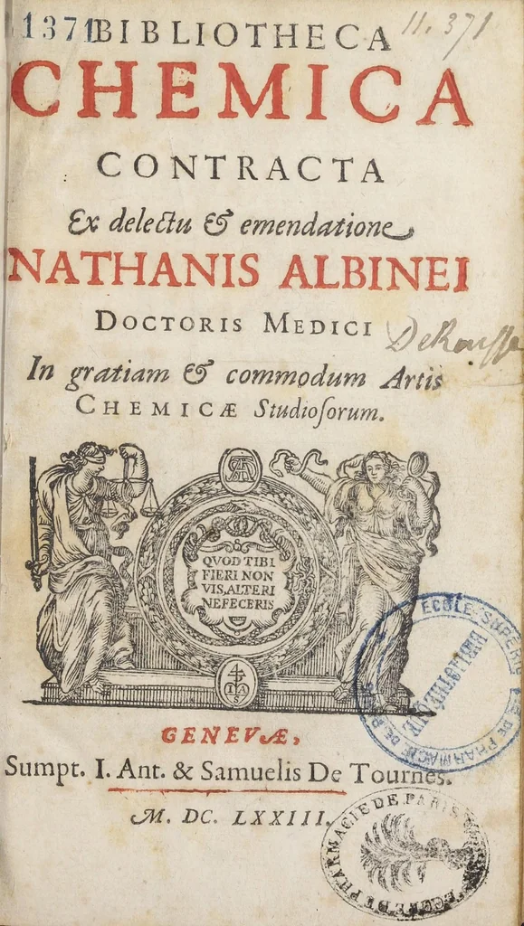 An illustration from Bibliotheca chemica contracta Nathanis Albinei, doctoris medici in gratiam & commodum artis chemicæ studiosorum.‎ [Suivi de :] Novum lumen chemicum, e naturæ fonte et manvali experientia depromptum. Cui accessit tractatus De sulphure. Auctoris anagramma, divi leschi genus amo. [Suivi de :] Enchiridion physicæ restitutæ. In quo verus naturæ concentus exponitur, plurimique antiquæ philosophiæ errores per canones & certas demonstrationes dilucide aperiuntur. Tractatus alter inscriptus Arcanum hermeticæ philosophiæ opus : in quo occulta naturæ & artis circa lapidis philosophorum materiam & operandi modum canonice & ordinate fiunt manifesta. Virumque opus ejusdem auctoris anonymi.‎$aArcanum hermeticæ philosophiæ opus : in quo occulta naturæ et artis circa lapidis philosophorum materiam & operandi modum canonice & ordinate fiunt manifesta. Opus ejusdem authoris anonymi.‎, 1673, leaf 7