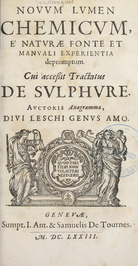 An illustration from Bibliotheca chemica contracta Nathanis Albinei, doctoris medici in gratiam & commodum artis chemicæ studiosorum.‎ [Suivi de :] Novum lumen chemicum, e naturæ fonte et manvali experientia depromptum. Cui accessit tractatus De sulphure. Auctoris anagramma, divi leschi genus amo. [Suivi de :] Enchiridion physicæ restitutæ. In quo verus naturæ concentus exponitur, plurimique antiquæ philosophiæ errores per canones & certas demonstrationes dilucide aperiuntur. Tractatus alter inscriptus Arcanum hermeticæ philosophiæ opus : in quo occulta naturæ & artis circa lapidis philosophorum materiam & operandi modum canonice & ordinate fiunt manifesta. Virumque opus ejusdem auctoris anonymi.‎$aArcanum hermeticæ philosophiæ opus : in quo occulta naturæ et artis circa lapidis philosophorum materiam & operandi modum canonice & ordinate fiunt manifesta. Opus ejusdem authoris anonymi.‎, 1673, leaf 99