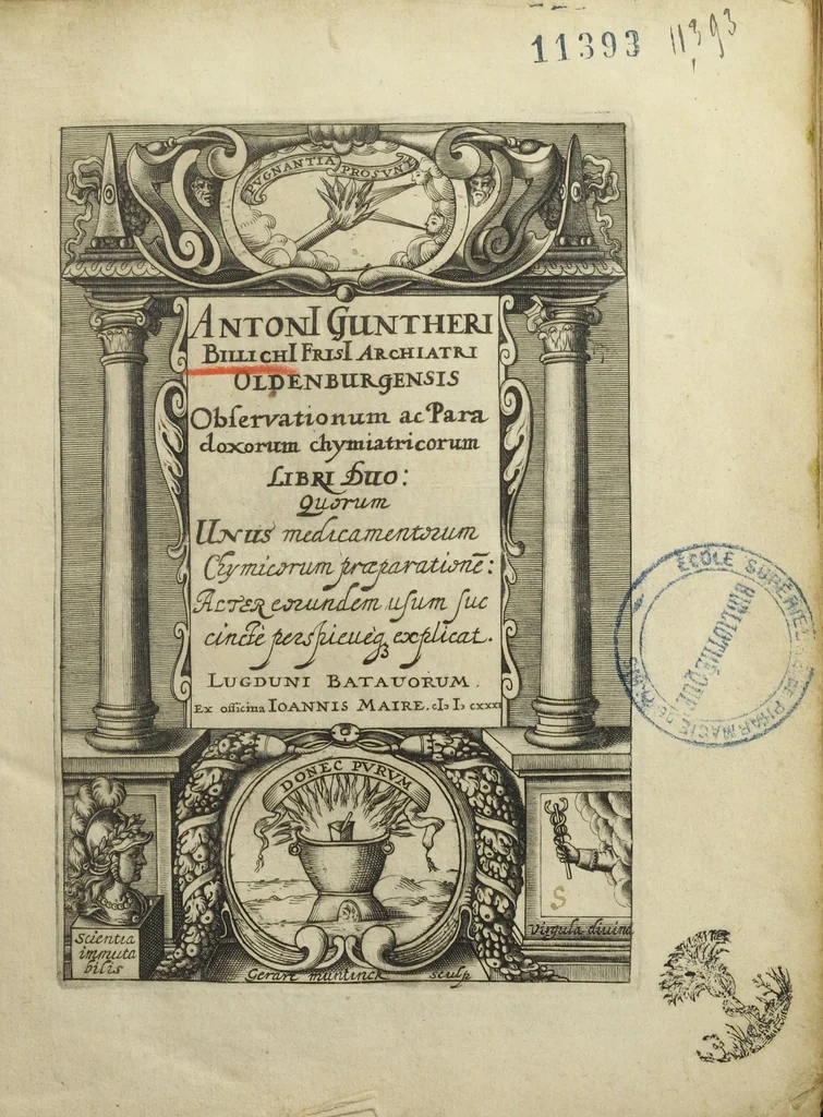 An illustration from Antonii Guntheri Billichii frisi archiatri Oldenburgensis Observationum ac paradoxorum chymiatricorum libri duo : quorum unus medicamentorum chymicorum praeparationē, alter eorundem usum succincte perspicuèque, alter eorundem usum succincte perspicuèque explicat, 1631, leaf 5
