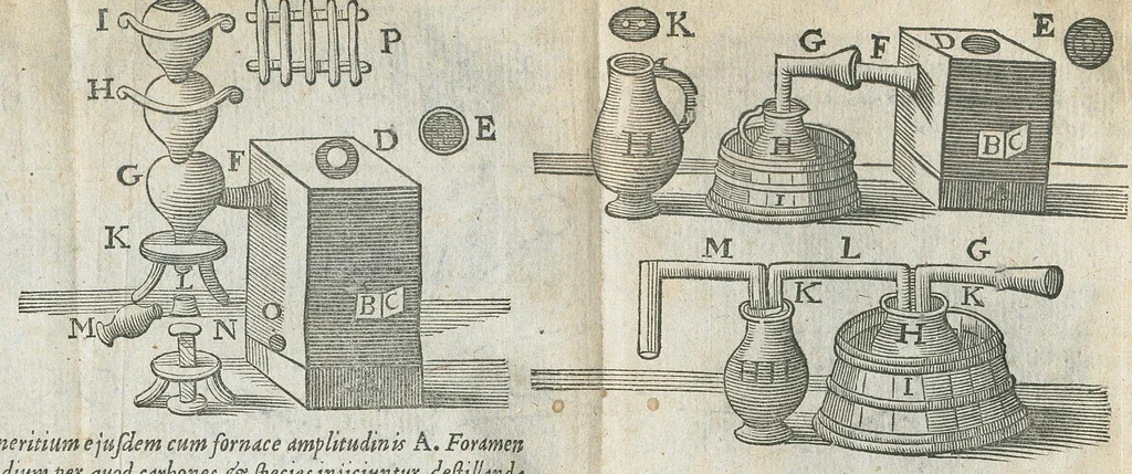 An illustration from Furni novi philosophici, sive Descriptio artis destillatoriae novæ ; spirituum, oleorum florum, aliorumque medicamentorum illius beneficio facillimâ quâdam & peculiari viâ è vegetabilibus, animalibus, & mineralibus, conficiendorum & quidem magno cum lucro ; agens quoque de illorum usu tam chymico quàm medico, edita & publicata ub gratiam veritatis studiosorum. Per Joannem Rudolphum Glauberum., 1658, leaf 12