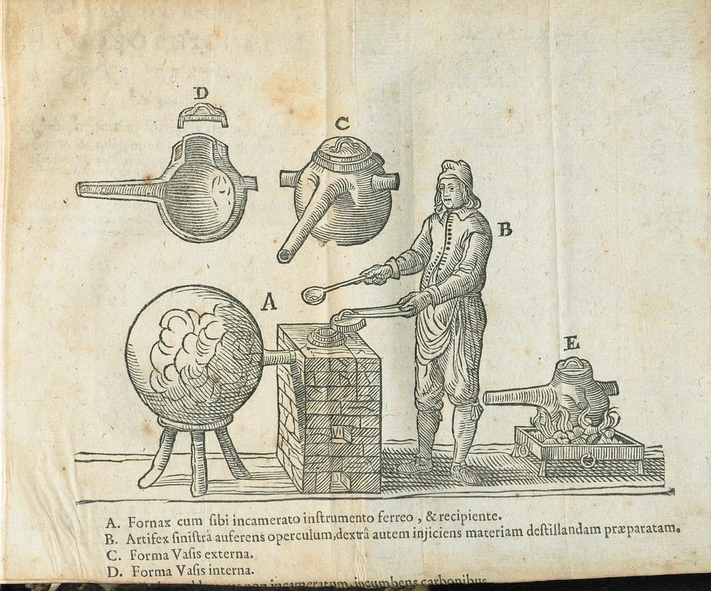 An illustration from Furni novi philosophici, sive Descriptio artis destillatoriae novæ ; spirituum, oleorum florum, aliorumque medicamentorum illius beneficio facillimâ quâdam & peculiari viâ è vegetabilibus, animalibus, & mineralibus, conficiendorum & quidem magno cum lucro ; agens quoque de illorum usu tam chymico quàm medico, edita & publicata ub gratiam veritatis studiosorum. Per Joannem Rudolphum Glauberum., 1658, leaf 231