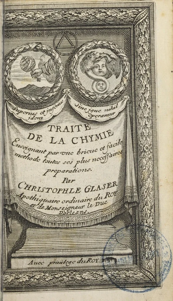 An illustration from Traité de la chymie, enseignant par une briéve & facile methode toutes ses plus necessaires preparations. Par feu Christophle Glaser, apotiquaire ordinaire du Roy & de Monseigneur le duc d'Orléans. Nouvelle édition. Reveuë & augmentée en toutes ses parties, principalement dans la troisiéme, que la mort de l'autheur avoit empeché de mettre en sa perfection., 1673, leaf 5
