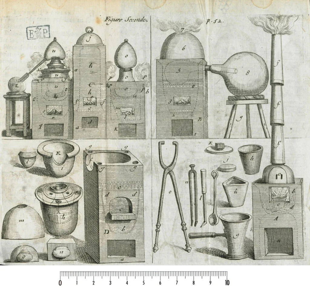 An illustration from Traité de la chymie, enseignant par une briéve & facile methode toutes ses plus necessaires preparations. Par feu Christophle Glaser, apotiquaire ordinaire du Roy & de Monseigneur le duc d'Orléans. Nouvelle édition. Reveuë & augmentée en toutes ses parties, principalement dans la troisiéme, que la mort de l'autheur avoit empeché de mettre en sa perfection., 1673, leaf 71