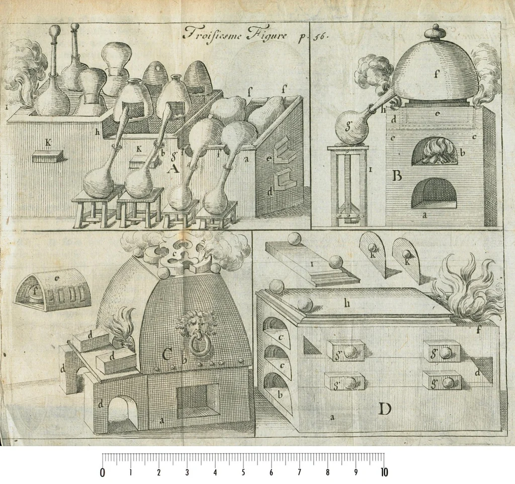 An illustration from Traité de la chymie, enseignant par une briéve & facile methode toutes ses plus necessaires preparations. Par feu Christophle Glaser, apotiquaire ordinaire du Roy & de Monseigneur le duc d'Orléans. Nouvelle édition. Reveuë & augmentée en toutes ses parties, principalement dans la troisiéme, que la mort de l'autheur avoit empeché de mettre en sa perfection., 1673, leaf 77