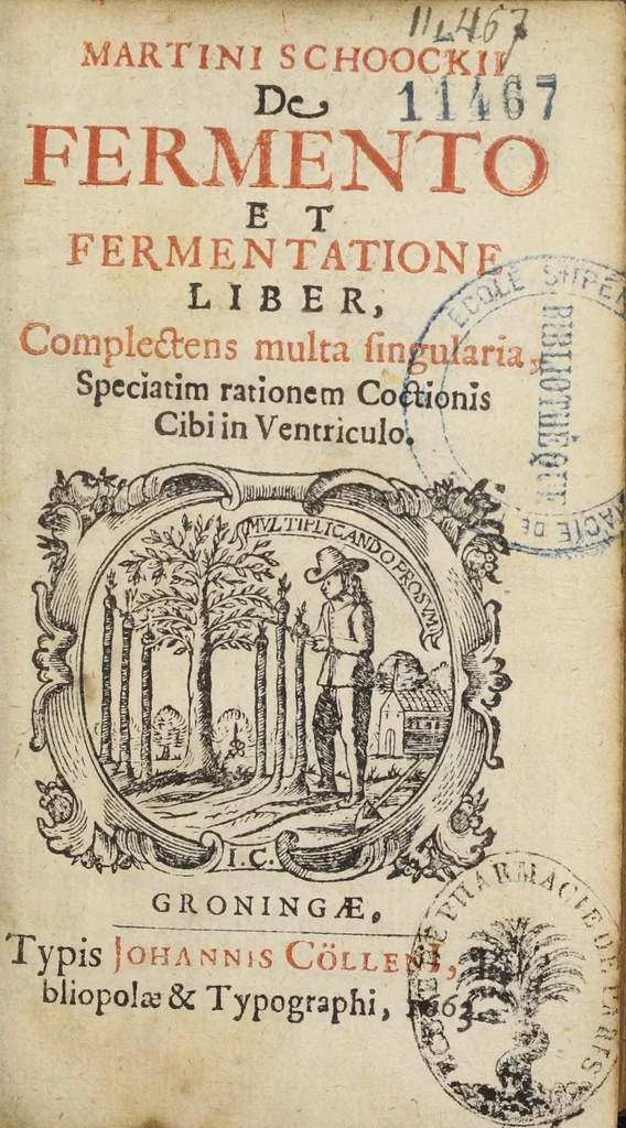 An illustration from Martini Schoockii De fermento et fermentatione liber, complectens multa singularia, speciatim rationem coctionis cibi in ventriculo., 1663, leaf 5