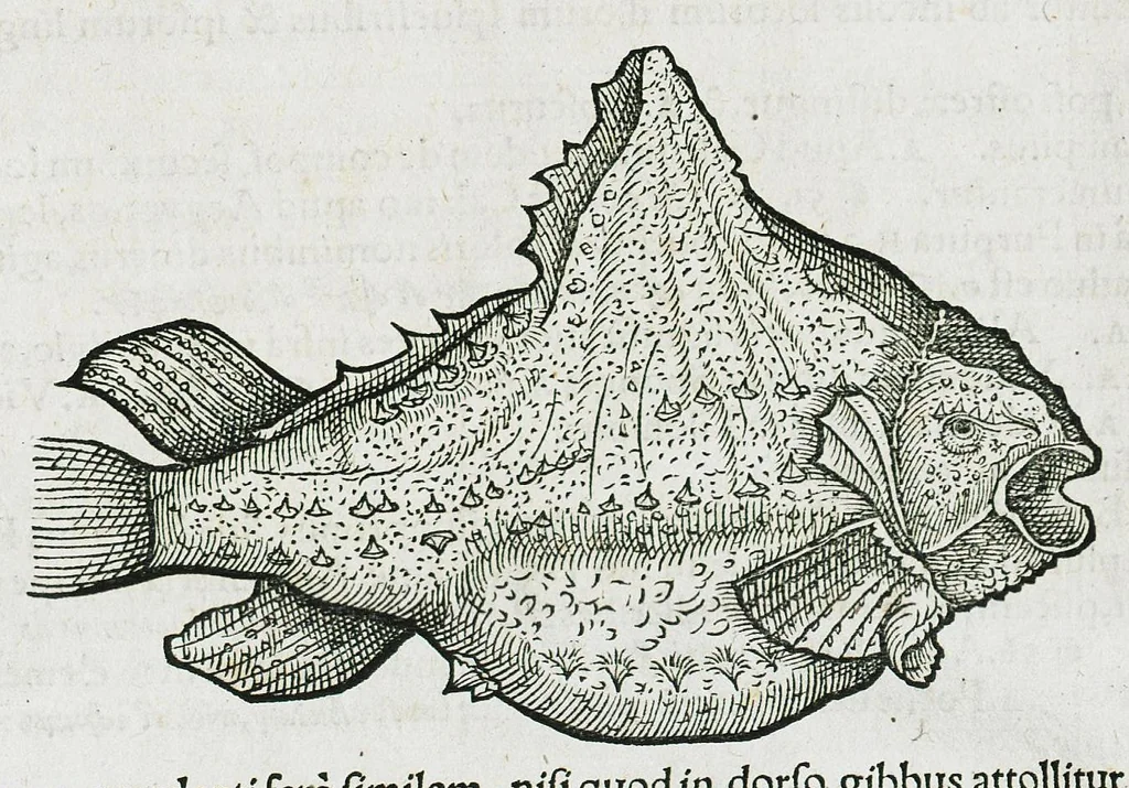 An illustration from Conradi Gesneri medici Tigurini Historiæ animalium liber IIII. Qui est de Piscium & aquatilium animantium natura. Cum iconibus singulorum ad uiuum expressis fere omnib. DCCVI. Continentur in hoc uolumine Gulielmi Rondeletij quoq[ue] medicinæ professoris regij in Schola Monspeliensi et Petri Bellonij Cenomani, medici hoc tempore Lutetiæ eximij, de aquatilium singulis scripta, 1558, leaf 1329