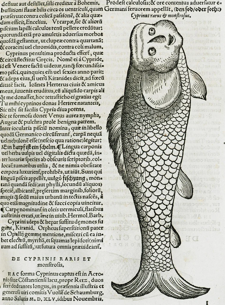 An illustration from Conradi Gesneri medici Tigurini Historiæ animalium liber IIII. Qui est de Piscium & aquatilium animantium natura. Cum iconibus singulorum ad uiuum expressis fere omnib. DCCVI. Continentur in hoc uolumine Gulielmi Rondeletij quoq[ue] medicinæ professoris regij in Schola Monspeliensi et Petri Bellonij Cenomani, medici hoc tempore Lutetiæ eximij, de aquatilium singulis scripta, 1558, leaf 417