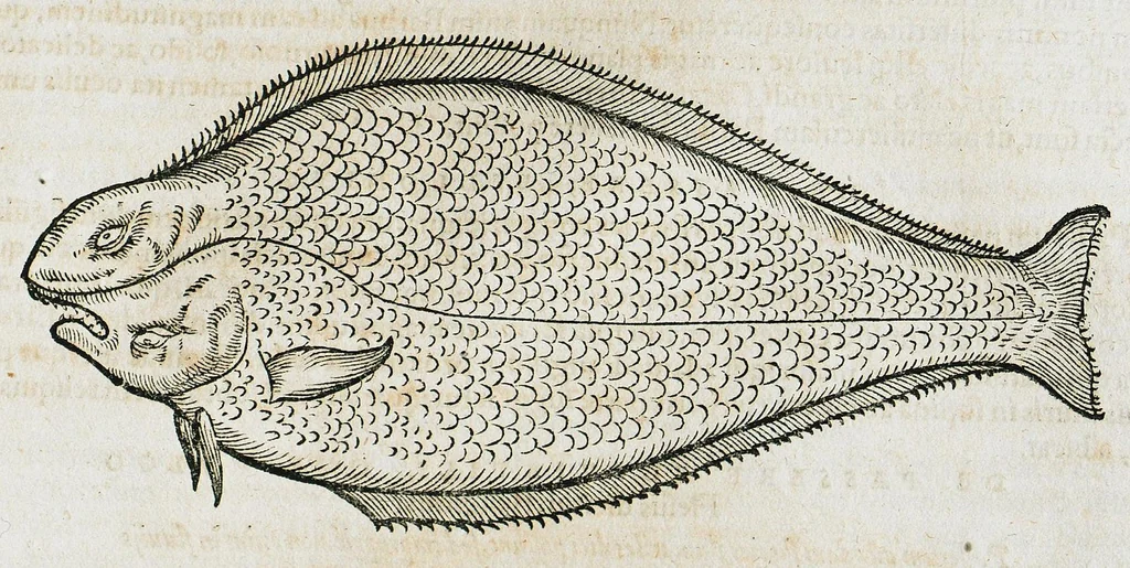 An illustration from Conradi Gesneri medici Tigurini Historiæ animalium liber IIII. Qui est de Piscium & aquatilium animantium natura. Cum iconibus singulorum ad uiuum expressis fere omnib. DCCVI. Continentur in hoc uolumine Gulielmi Rondeletij quoq[ue] medicinæ professoris regij in Schola Monspeliensi et Petri Bellonij Cenomani, medici hoc tempore Lutetiæ eximij, de aquatilium singulis scripta, 1558, leaf 831