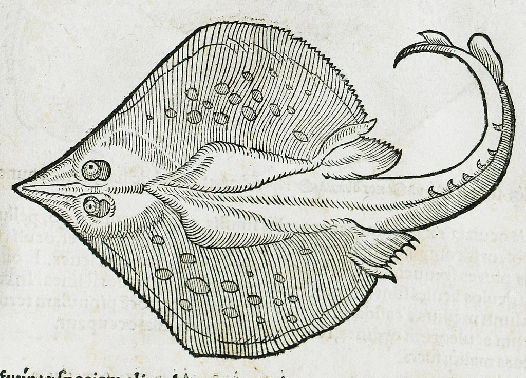 An illustration from Conradi Gesneri medici Tigurini Historiæ animalium liber IIII. Qui est de Piscium & aquatilium animantium natura. Cum iconibus singulorum ad uiuum expressis fere omnib. DCCVI. Continentur in hoc uolumine Gulielmi Rondeletij quoq[ue] medicinæ professoris regij in Schola Monspeliensi et Petri Bellonij Cenomani, medici hoc tempore Lutetiæ eximij, de aquatilium singulis scripta, 1558, leaf 977