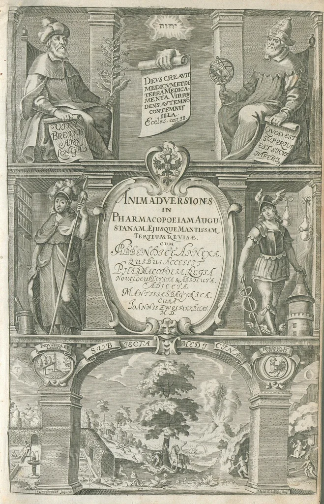 An illustration from Animadversiones in pharmacopoeiam Augustanam et annexam ejus mantissam, sive pharmacopoeia Augustana reformata, in qua vera et accuratissima methodo medicamentorum simplicium & compositorum praeparationes tam dextre traduntur, ac insuper antiquorum errores deteguntur, ut inde servatis & exaltatis simplicium medicaminum facultatibus, instrumenta multo aptiora medico evadant, quibus Cito, Tuto & Jucunde affectus humanum corpus infestantes propulsari queant. Nunc tertium revisa, plurimis locis adaucta, inque lucis edita, cum annexa appendice, Opera & studio Joannis Zwelferi Palatini M.D., 1667, leaf 7