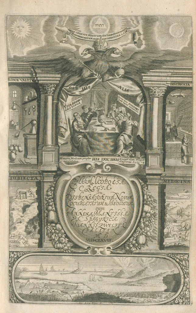 An illustration from Pharmacopoeia regia, seu Dispensatorium novum locupletatum et absolutum, annexa etiam mantissa spagyrica, in quibus vera et accurata methodo selectissimorum medicamentorum compositiones et praeparationes traduntur... Cui accessere bini discursus apologetici. Authore Joanne Zwelfer,..., 1668, leaf 0